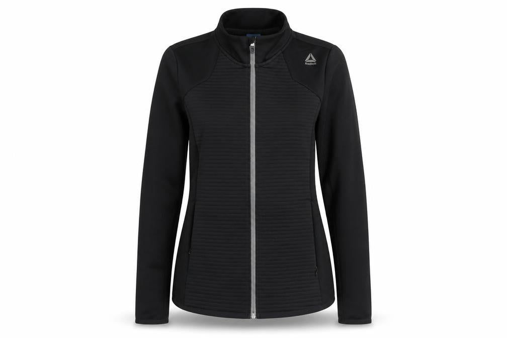 Front view of Reebok women’s black, size UK 12, track jacket slim fit full zip