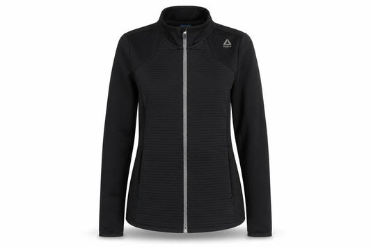 Front view of Reebok women’s black, size UK 12, track jacket slim fit full zip