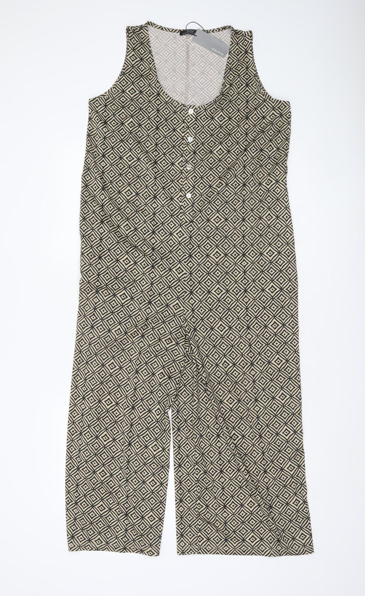 Parfois Women Beige Black Geometric Sleeveless Jumpsuit XS Wide-Leg