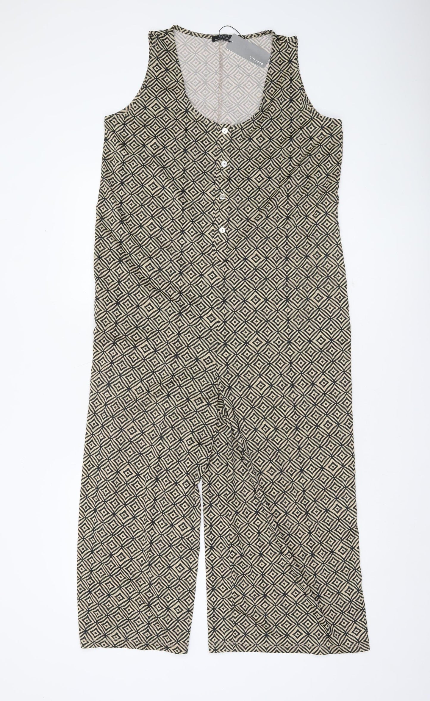Parfois Women Beige Black Geometric Sleeveless Jumpsuit XS Wide-Leg