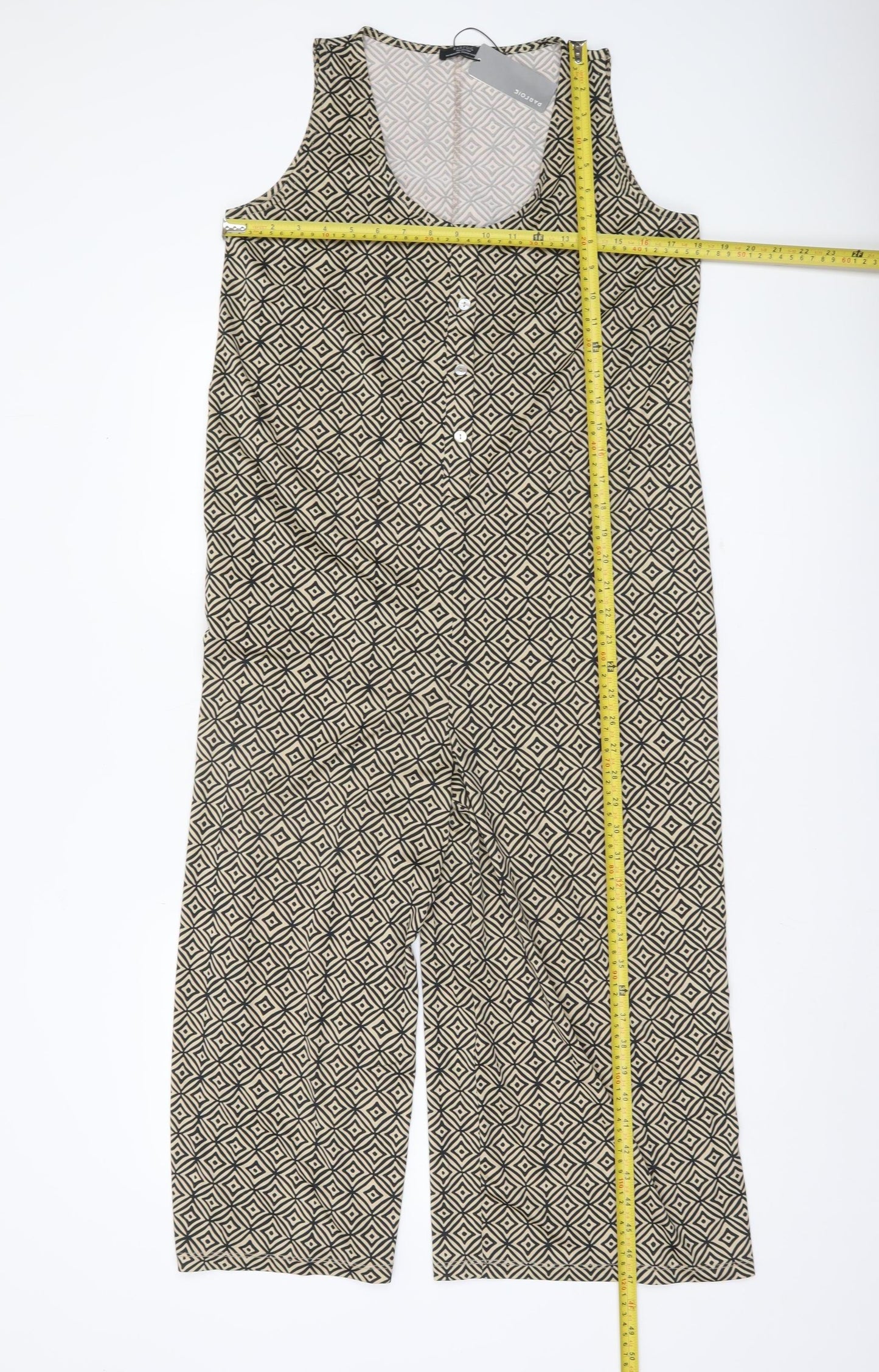 Parfois Women Beige Black Geometric Sleeveless Jumpsuit XS Wide-Leg