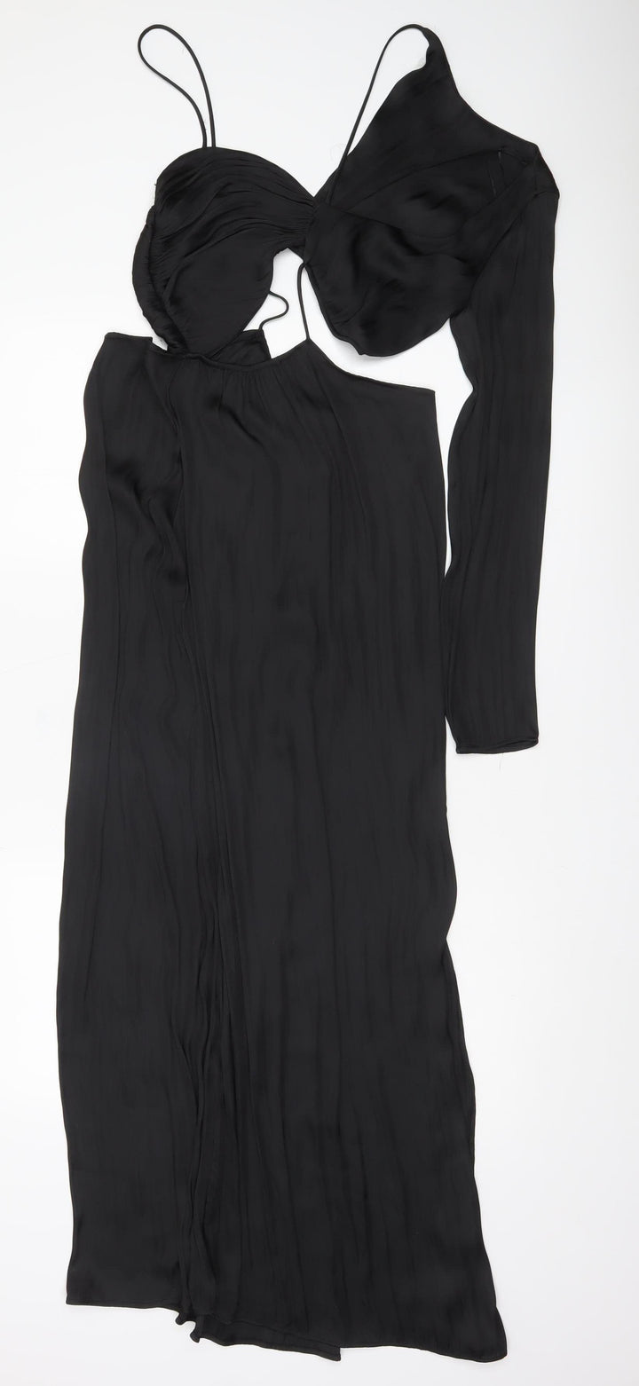 Zara Women Black One Shoulder Cut Out Midi Bodycon Dress Size 14