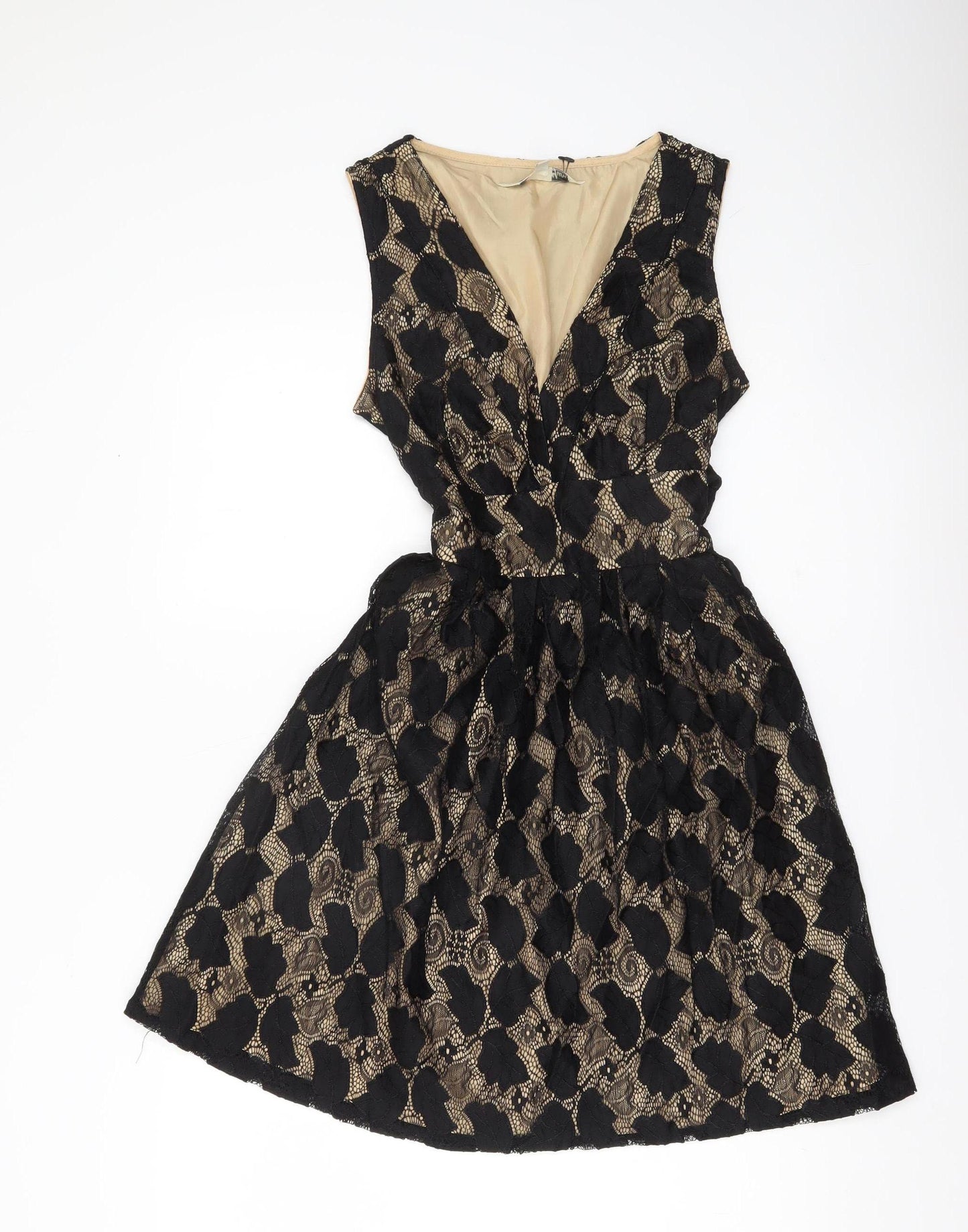 Yumi Women’s Black Beige Lace A-Line Cocktail Dress Size 10
