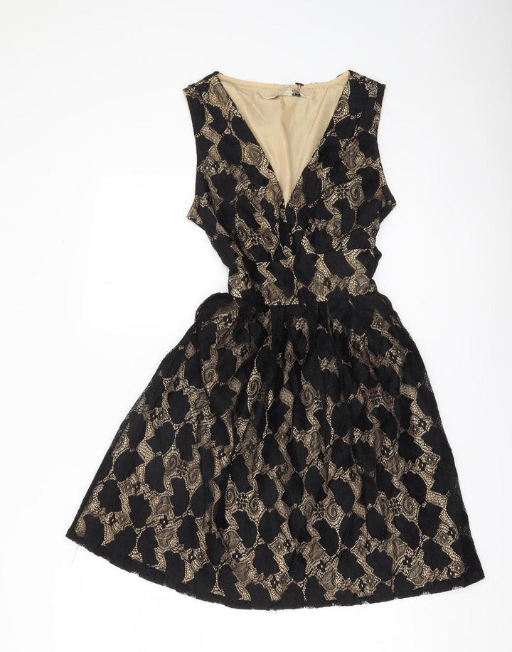 Yumi Women’s Black Beige Lace A-Line Cocktail Dress Size 10