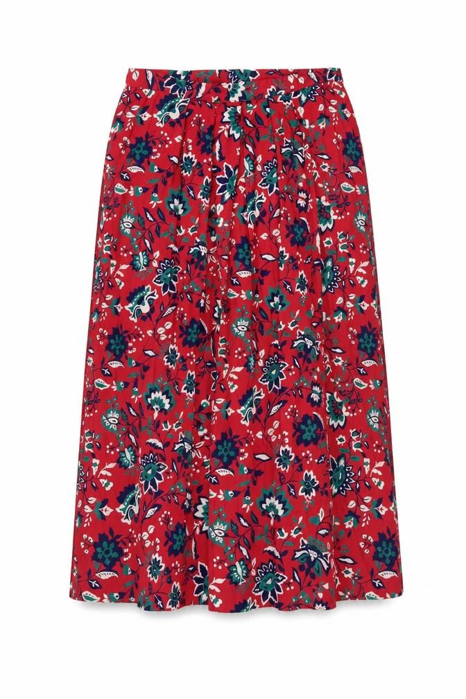 Front view of Pendleton women’s red floral a-line midi skirt, size UK 14