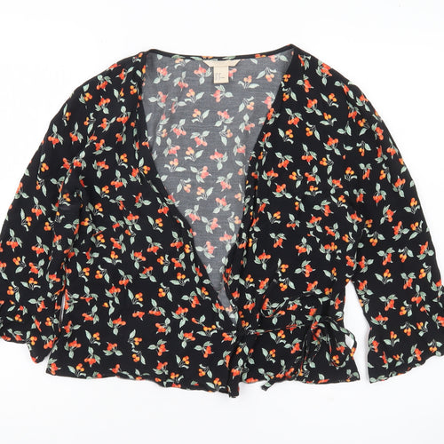 H&M Women’s Black Floral Wrap Blouse Size 10 3/4 Sleeve Viscose