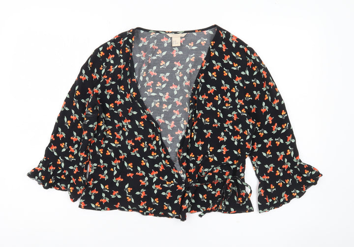 H&M Women’s Black Floral Wrap Blouse Size 10 3/4 Sleeve Viscose