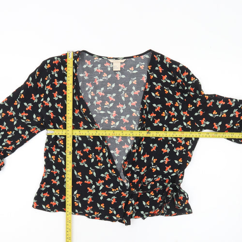 H&M Women’s Black Floral Wrap Blouse Size 10 3/4 Sleeve Viscose