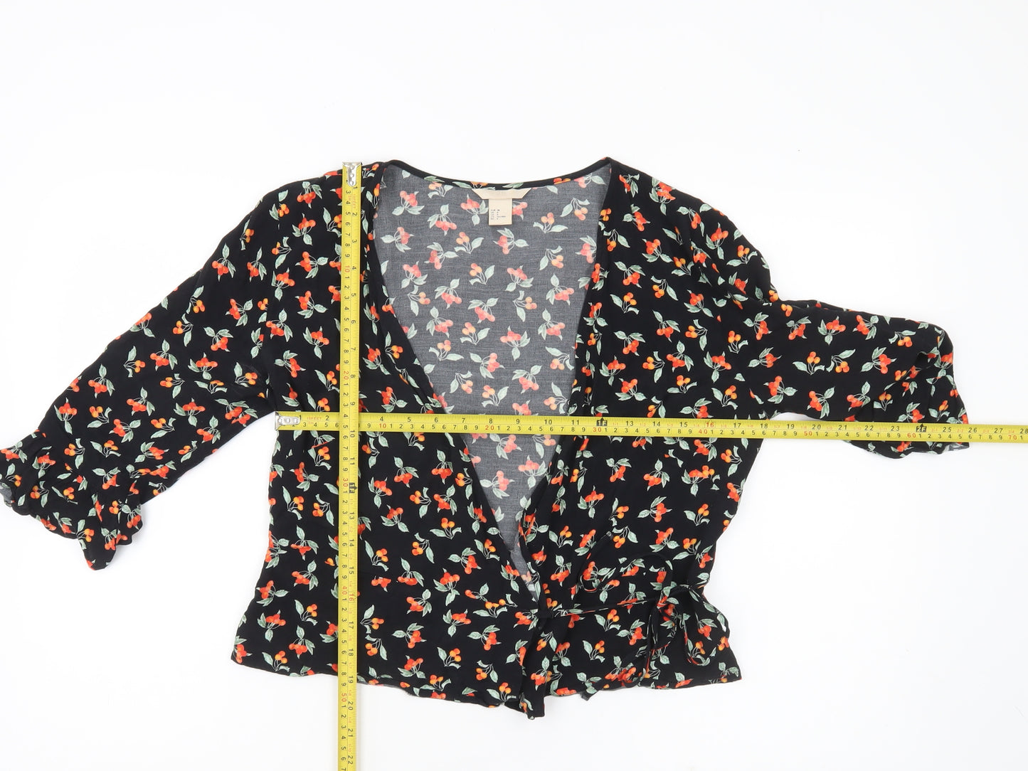 H&M Women’s Black Floral Wrap Blouse Size 10 3/4 Sleeve Viscose