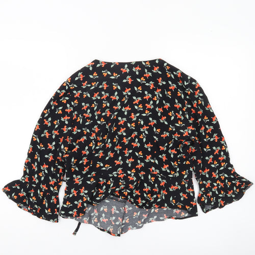 H&M Women’s Black Floral Wrap Blouse Size 10 3/4 Sleeve Viscose