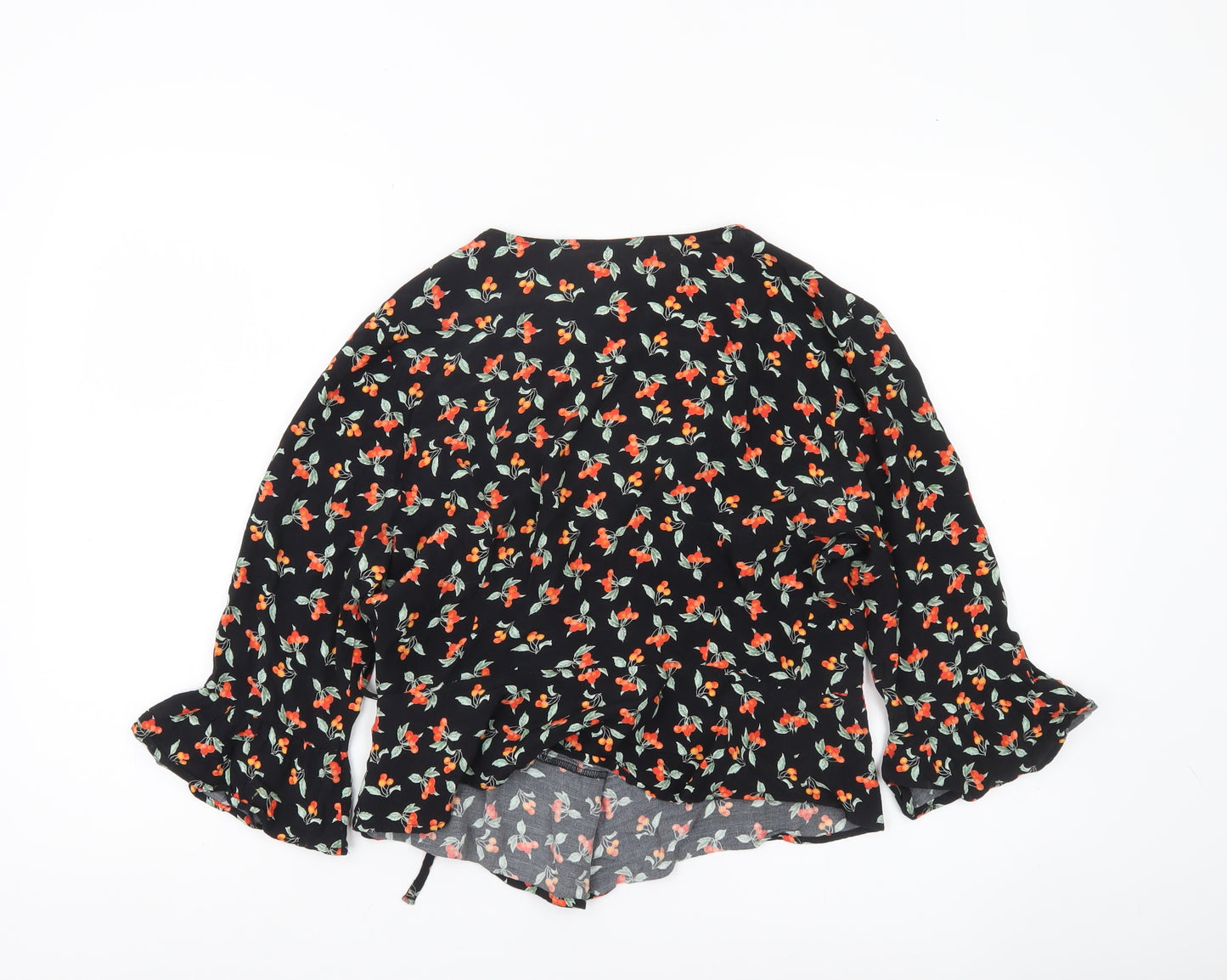 H&M Women’s Black Floral Wrap Blouse Size 10 3/4 Sleeve Viscose