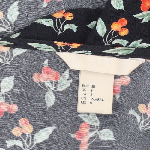 H&M Women’s Black Floral Wrap Blouse Size 10 3/4 Sleeve Viscose