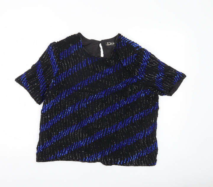 Debenhams Début Women Black Blue Sequin Tunic Blouse Size 16