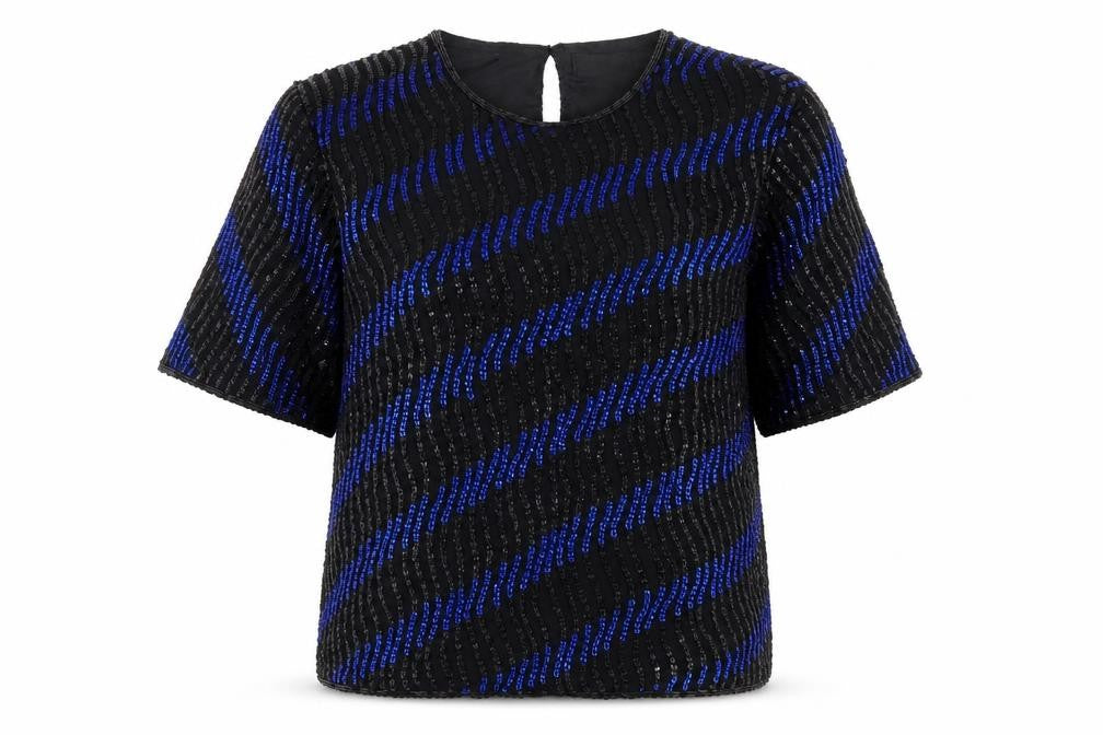 Front view of Debenhams Début Women Black Blue Sequin Tunic Blouse, size 16