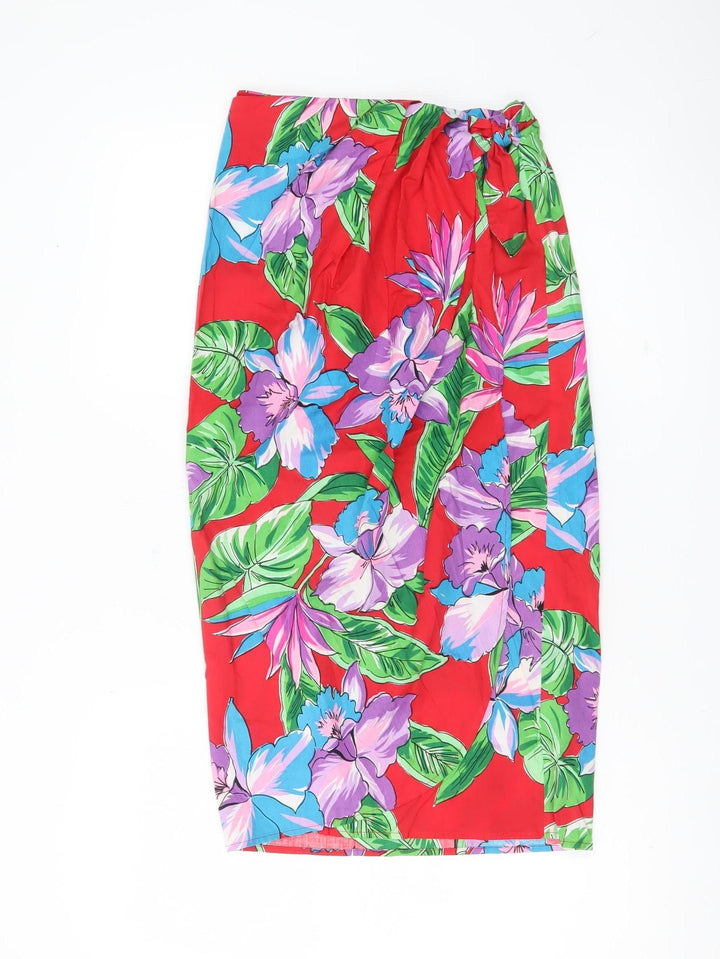 Kauaiana Womens Red Floral Wrap Midi Skirt M Hawaiian Cotton Summer
