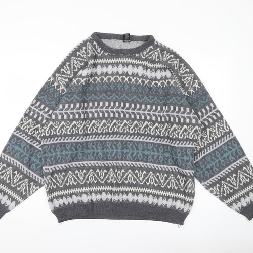 C&A Men’s Grey Fair Isle Acrylic Knit Jumper Size L Crew Neck