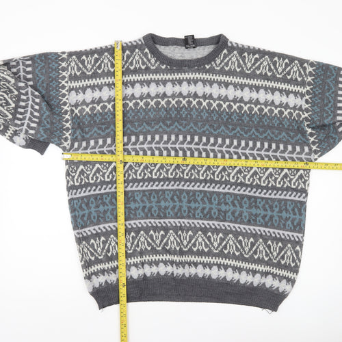 C&A Men’s Grey Fair Isle Acrylic Knit Jumper Size L Crew Neck