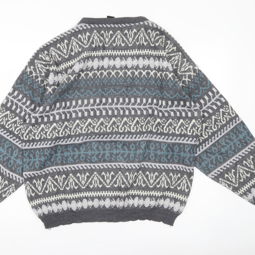 C&A Men’s Grey Fair Isle Acrylic Knit Jumper Size L Crew Neck