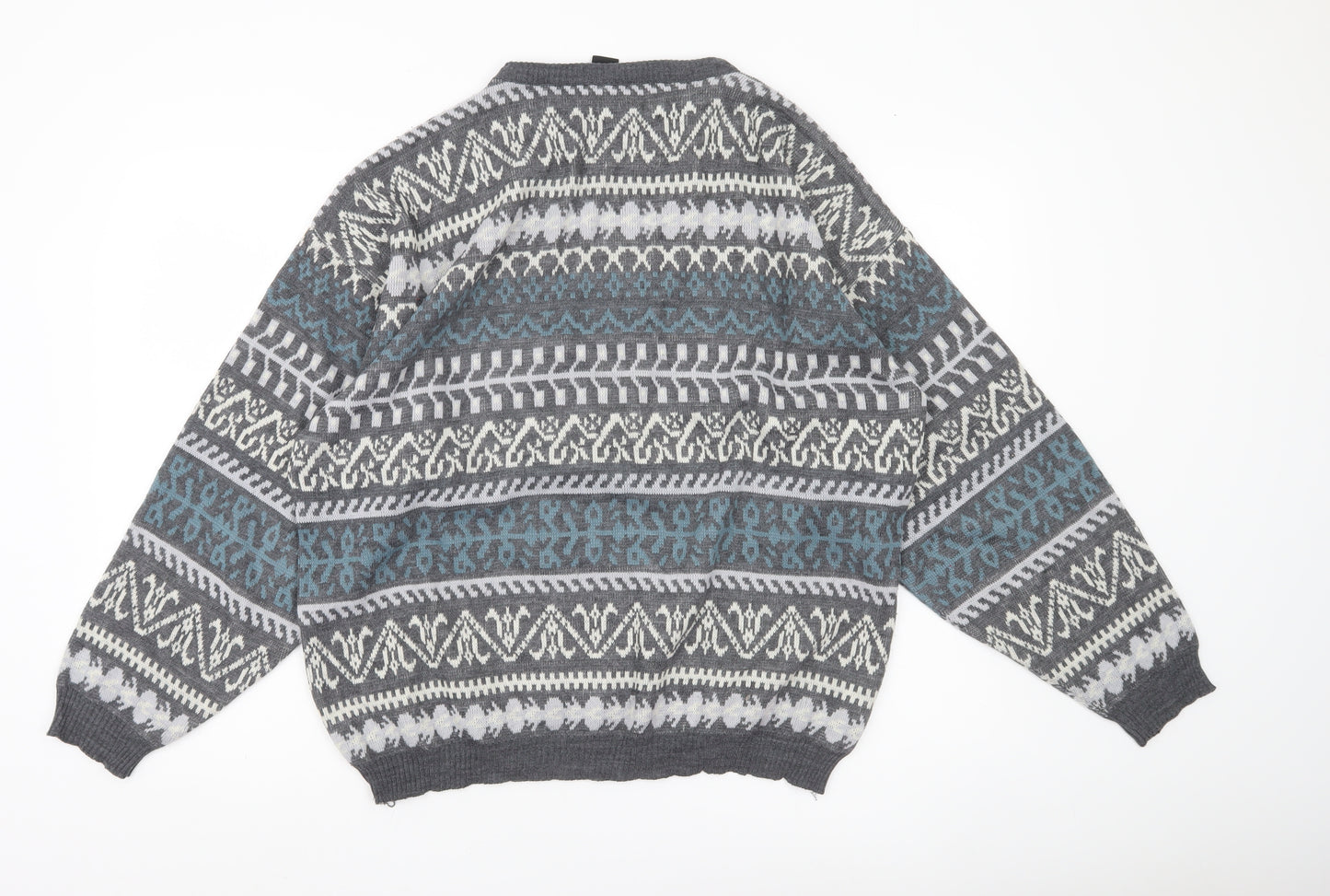 C&A Men’s Grey Fair Isle Acrylic Knit Jumper Size L Crew Neck