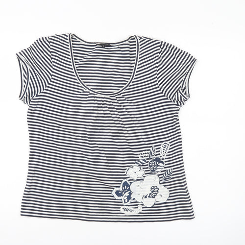 Pomodoro Womens Blue Striped Floral Cotton T-Shirt Size 12