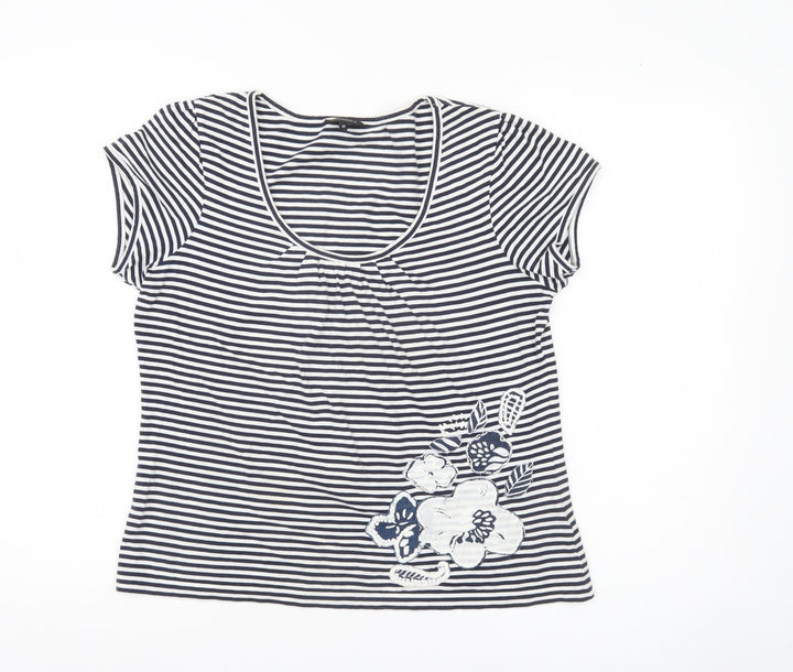 Pomodoro Womens Blue Striped Floral Cotton T-Shirt Size 12