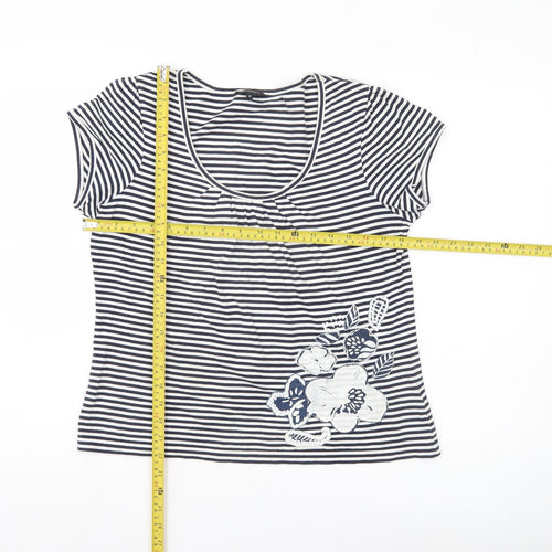 Pomodoro Womens Blue Striped Floral Cotton T-Shirt Size 12