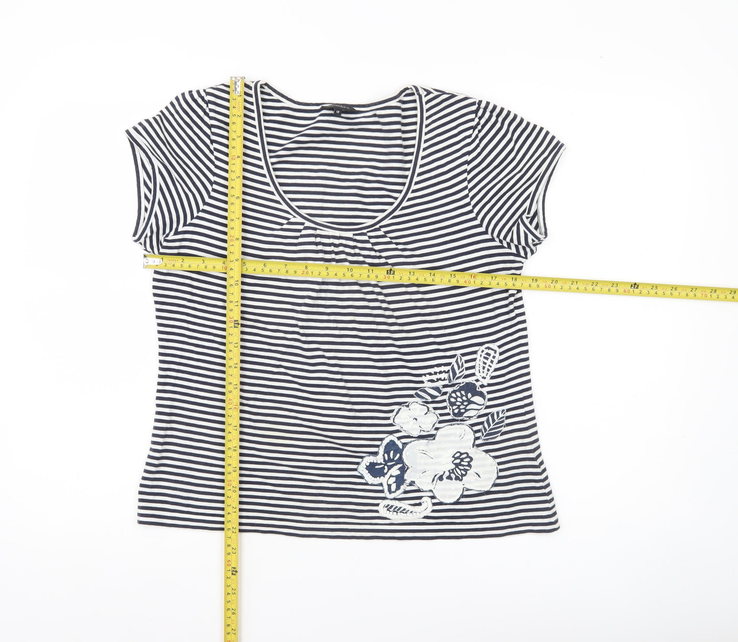 Pomodoro Womens Blue Striped Floral Cotton T-Shirt Size 12