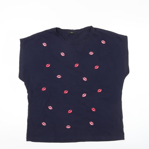 M&Co Womens Navy Blue Cotton Crew Neck T-Shirt Size 16 Embroidered Lips