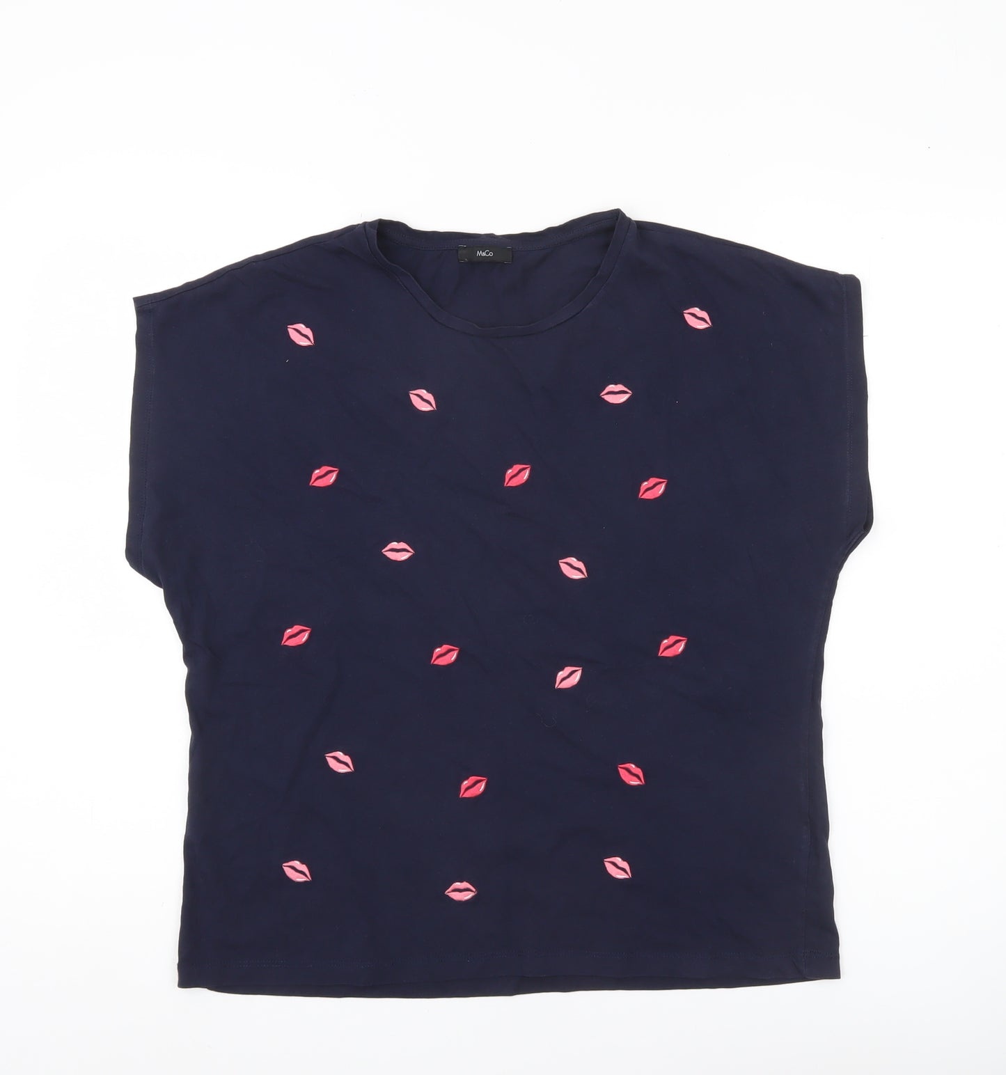 M&Co Womens Navy Blue Cotton Crew Neck T-Shirt Size 16 Embroidered Lips