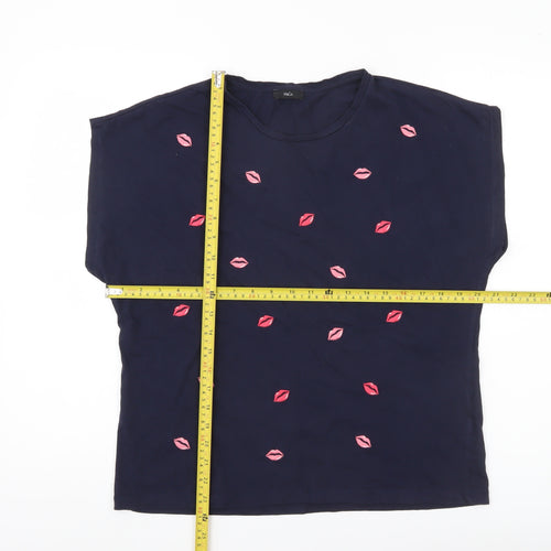 M&Co Womens Navy Blue Cotton Crew Neck T-Shirt Size 16 Embroidered Lips