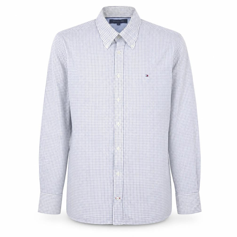Front view of Tommy Hilfiger Men's White Check Long Sleeve Button-Up Shirt L