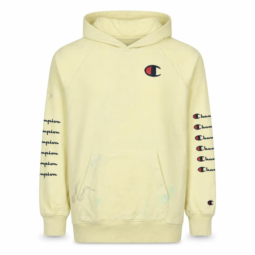 Front view of Champion Men's Yellow Pullover Hoodie Small Logo Graphic Print