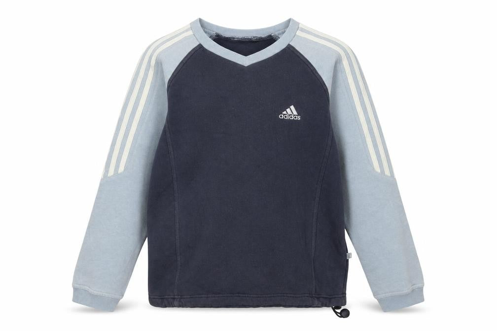 Front view of Adidas boys’ blue pullover sweatshirt 10 years v-neck logo sportswear