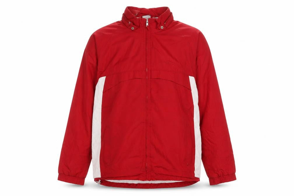Front view of Umbro Men’s Red Windbreaker Jacket L Sports Logo Full Zip