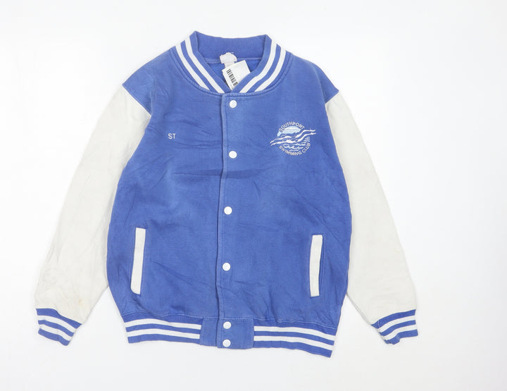 AWDis Boys Blue White Varsity Jacket 12-13 Years Cotton Blend