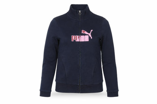 Front view of Puma women’s black track jacket, size UK 8, full zip sportswear