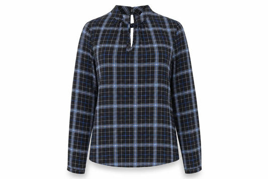 Front view of Peacocks women’s black check long sleeve high neck blouse, size UK 8