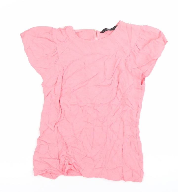 Zara Women Pink Flutter Sleeve Blouse Size L Round Neck Casual