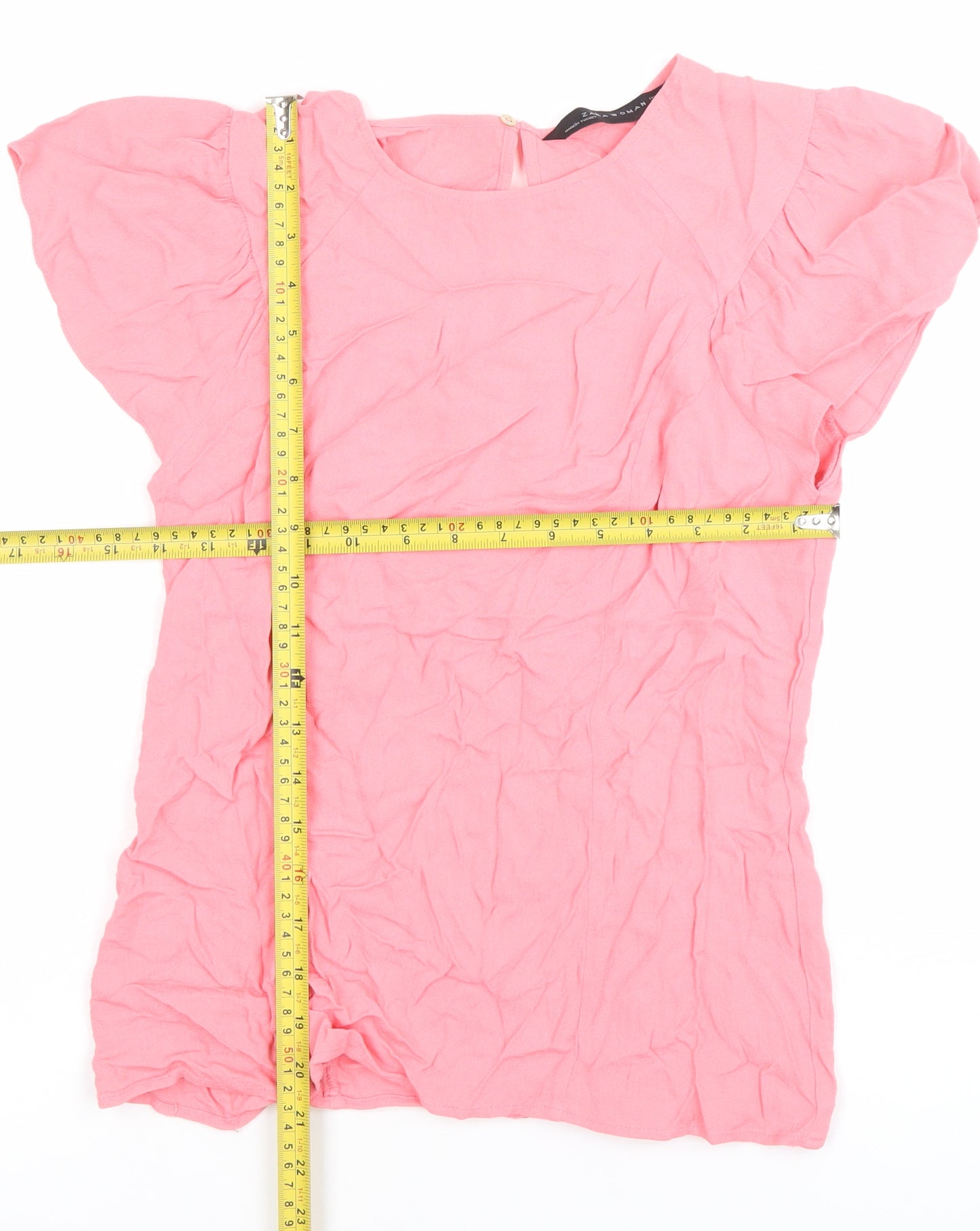 Zara Women Pink Flutter Sleeve Blouse Size L Round Neck Casual