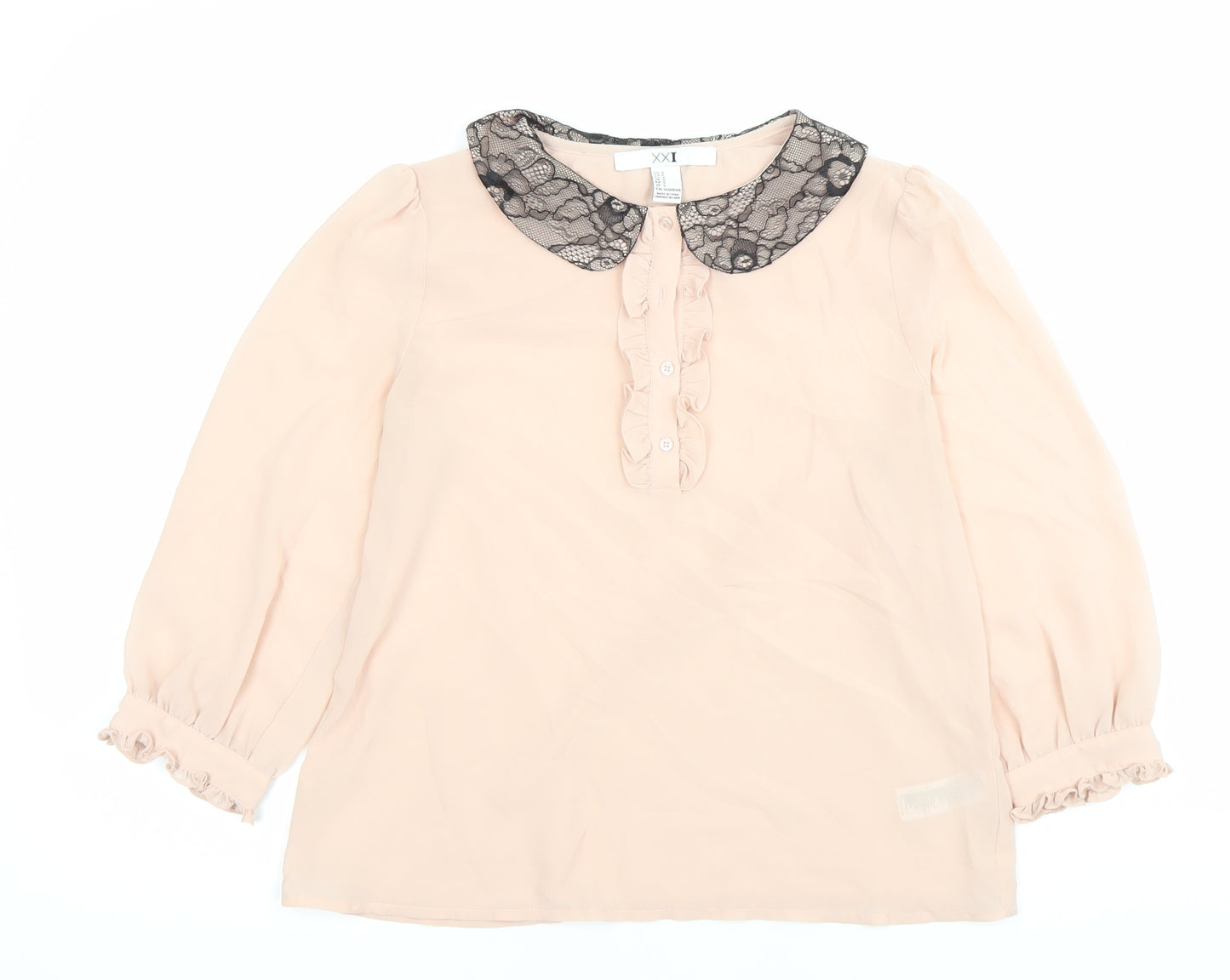 XXI Women's Pink Polyester Chiffon Blouse Size S Collared Ruffle