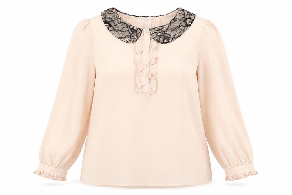 Front view of XXI Women's Pink Polyester Chiffon Blouse, size S, Collared Ruffle