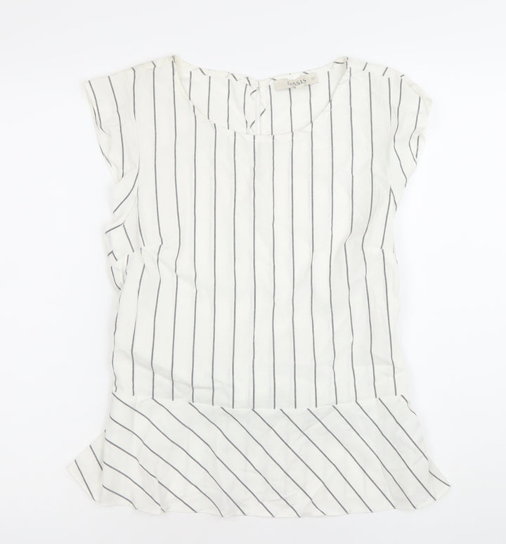 Oasis Womens White Striped Tunic Blouse Size 12 Scoop Neck Sleeveless