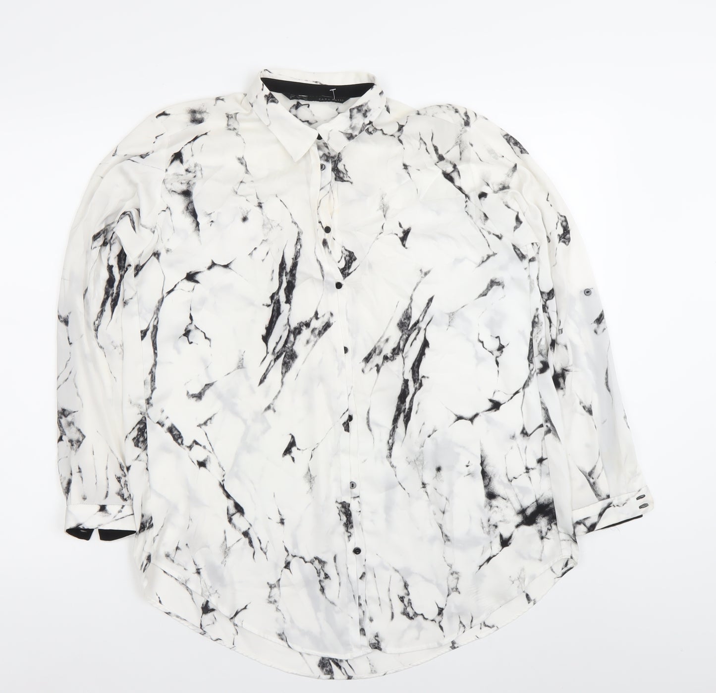 Zara Women’s White Marble Print Long Sleeve Button-Up Shirt Size S