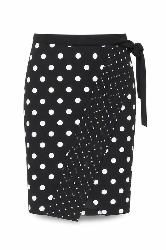 Front view of Oasis Women’s Black Polka Dot Wrap Skirt, size UK 6, Knee Length Retro
