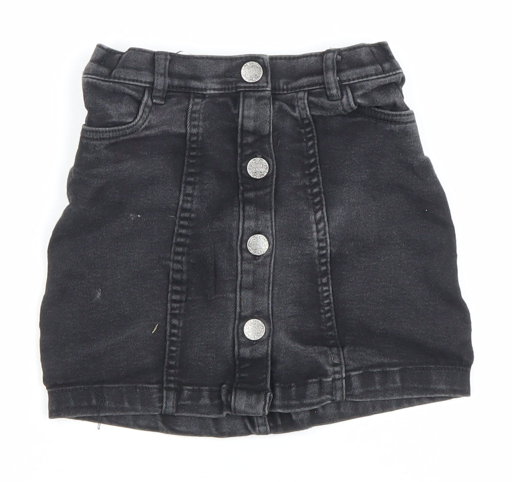 F&F Girls Black Denim Button Front Skirt 6 Years Straight Style