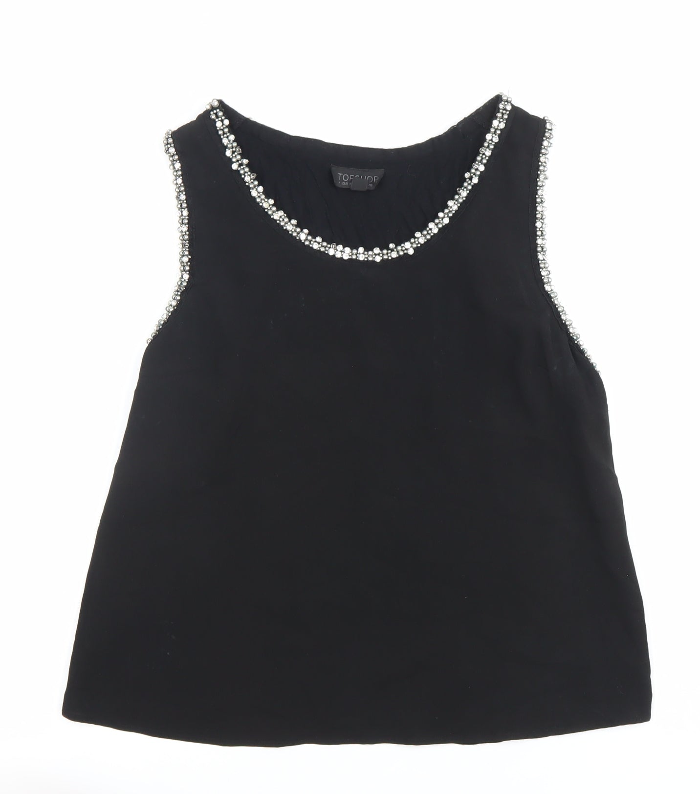 Topshop Women Black Beaded Round Neck Sleeveless Blouse Size 10