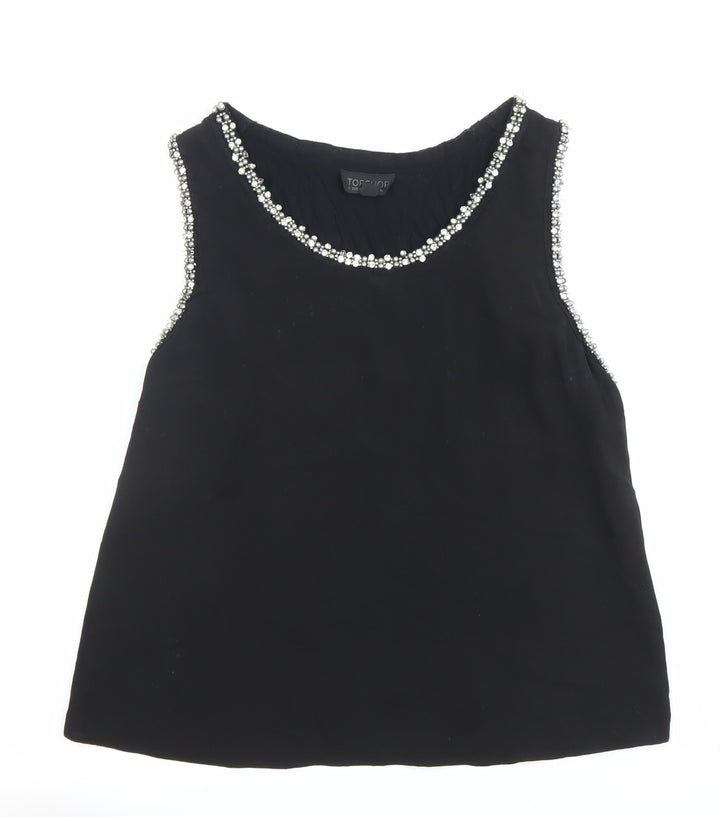 Topshop Women Black Beaded Round Neck Sleeveless Blouse Size 10