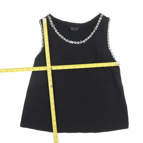 Topshop Women Black Beaded Round Neck Sleeveless Blouse Size 10