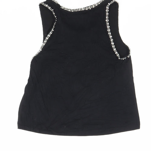Topshop Women Black Beaded Round Neck Sleeveless Blouse Size 10