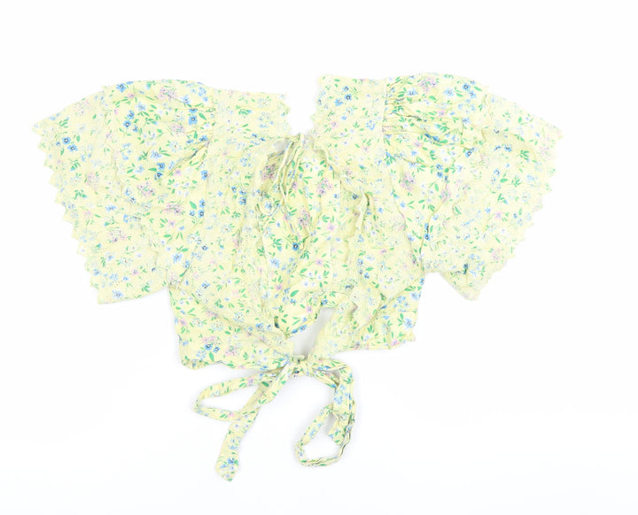 Topshop Women Yellow Floral Wrap Ruffle Blouse Size 12